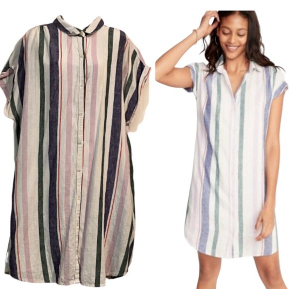 Old Navy Dresses & Skirts - Linen Blend Stripe Collared Full Button Front Shirt Dress Slip Lining XXL